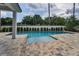 A serene pool surrounded by lush greenery and a tiled deck, creating a private backyard oasis at 9704 Milano Dr, Trinity, FL 34655