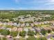 An aerial view of a neighborhood with multiple houses, green trees and a pond at 9706 Simeon Dr, Land O Lakes, FL 34638
