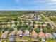 High-angle aerial shot of a suburban neighborhood with well-maintained homes and tree-lined streets under a blue sky at 9706 Simeon Dr, Land O Lakes, FL 34638