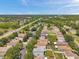 Overhead shot of a neighborhood with manicured lawns, mature trees, and a pond in the distance on a bright day at 9706 Simeon Dr, Land O Lakes, FL 34638