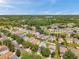 Wide aerial view of a planned community with various home styles, green spaces, and a tranquil pond at 9706 Simeon Dr, Land O Lakes, FL 34638