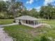 Rear view showcasing a screened lanai, lush lawn, and mature landscaping, perfect for outdoor living at 10097 Weatherly Rd, Brooksville, FL 34601