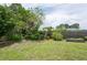 Spacious backyard with mature trees, lush greenery, and a wooden garden bed at 10600 Oleander Dr, Port Richey, FL 34668