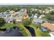 Aerial view of a property featuring a pond, mature trees, and surrounding neighborhood at 11418 Tee Time Cir, New Port Richey, FL 34654