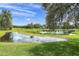 Lush backyard landscape view showcasing a pond, trees, and manicured lawn at 11418 Tee Time Cir, New Port Richey, FL 34654