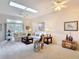 Inviting living room featuring skylights, neutral carpet, and comfortable seating area at 13321 Norman Cir, Hudson, FL 34669