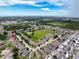 Panoramic aerial view of home, showcasing its position near green spaces and neighborhood features at 14655 Potterton Cir, Hudson, FL 34667