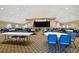 Large meeting hall with a stage, tables, and blue chairs at 2183 Westchester Blvd, Spring Hill, FL 34606