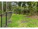 Backyard view featuring a pond behind a black chain link fence and ducks roaming the grounds at 2202 Amity Ct, New Port Richey, FL 34655