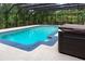 Enclosed pool with a hot tub and outdoor greenery surrounding the screened in area at 2202 Amity Ct, New Port Richey, FL 34655