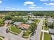 Aerial shot of a residential neighborhood, highlighting tidy homes and a serene lake in the distance at 4646 Lacrosse Ct, New Port Richey, FL 34655