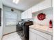 Well-organized laundry room featuring front loading washer/dryer, storage cabinets, and a utility sink at 8979 Hernando Way, Weeki Wachee, FL 34613