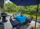 A cozy patio featuring an umbrella table and chairs, perfect for outdoor dining and relaxation at 11622 White Ash Dr, New Port Richey, FL 34654