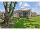 Expansive backyard with mature trees and a screened-in lanai, perfect for outdoor enjoyment at 11725 Spring Tree Ln, Port Richey, FL 34668