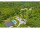 Aerial view of estate features outdoor entertainment area, a pool, a storage unit, and ample surrounding greenery at 26221 Pheasant Run, Wesley Chapel, FL 33544