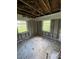 The living room is showing exposed walls, flooring, and ceiling; the space is in need of renovations to be habitable at 34767 Evergreen Way, Ridge Manor, FL 33523