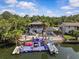 Aerial view of a waterfront home with pool, dock, and lush greenery, enhancing waterfront living experience at 6241 Colony Cir, Weeki Wachee, FL 34607