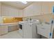 A functional laundry room featuring modern washer and dryer units, abundant cabinet space, and a utility sink at 7328 Blue Skies Dr, Spring Hill, FL 34606