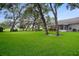 Expansive backyard with lush green grass, mature trees, and a screened-in lanai for outdoor living at 7445 Nature Walk Dr, Spring Hill, FL 34606