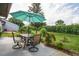 Backyard patio featuring a dining set and manicured garden landscaping at 7715 Radcliffe Cir, Port Richey, FL 34668
