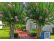 Landscaped sidewalk, blooming trees, mailboxes and community information at 7715 Radcliffe Cir, Port Richey, FL 34668