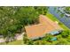 Detailed aerial view of a waterfront home featuring lush landscaping and a well-maintained roof at 8143 Channel Dr, Port Richey, FL 34668