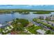 Picturesque aerial view of a waterfront home with boat docks, lush greenery, and serene bay surroundings at 8143 Channel Dr, Port Richey, FL 34668