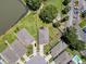 Aerial view of the property showing pond, lawn, and proximity to parking at 8855 Prairie Creek Dr, New Port Richey, FL 34655