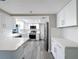 Modern kitchen with stainless steel appliances, white cabinetry and countertops, and gray wood floors at 3545 Landale Dr, Holiday, FL 34691