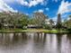 Back of house featuring large trees, lake views, and lush landscaping at 3545 Landale Dr, Holiday, FL 34691