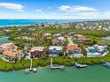 Aerial view of coastal homes nestled along the waterfront with private docks and sparkling swimming pools at 757 Hideaway Bay Dr, Longboat Key, FL 34228