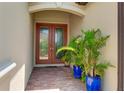 Front entry with double doors and blue planters at 13715 Vancanza Dr, Venice, FL 34293