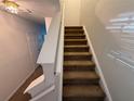 Carpeted staircase with white banister leads to the upper level of this charming home at 14812 Skip Jack Loop, Lakewood Ranch, FL 34202