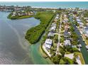 Aerial view of waterfront home community with lush landscaping and canals at 750 Penfield St, Longboat Key, FL 34228