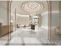 Elegant building lobby with marble floors and modern chandelier at 555 Quay Cmn # 803, Sarasota, FL 34236