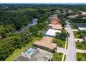 Aerial view of a house with pool, located in a peaceful, residential neighborhood at 6747 Coyote Ridge Ct, Bradenton, FL 34201