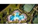 Aerial view of resort-style pool with surrounding lounge chairs and palm trees at 9967 Key Haven Rd # 19, Seminole, FL 33777