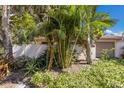 Home's stucco exterior complements the lush tropical landscaping, including mature palm trees at 3601 Quail Hollow Ln, Bradenton, FL 34210