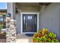 Modern black front door with stone accents and landscaping at 16162 61St E Ln, Parrish, FL 34219