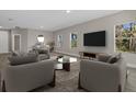 Comfortable living room offering neutral colors, hard surface floors, and backyard views at 1800 S San Mateo Dr, North Port, FL 34288