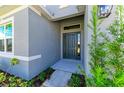 Modern dark-gray front door with sidelights, enhancing curb appeal at 12389 Cedar Pass Trl, Parrish, FL 34219