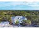 An aerial view showcasing a light green building with a metal roof and its surroundings at 294 Hidden Bay Dr # 203, Osprey, FL 34229