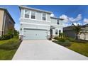 Two-story house with light blue exterior, two-car garage, and landscaped lawn at 5262 Grove Mill Loop, Lakewood Ranch, FL 34211