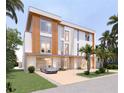 Modern two-story home with wood accents, large windows, manicured lawn, and driveway with a silver car at 6489 Gulfside Rd, Longboat Key, FL 34228