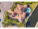 Bird's-eye view of a luxurious home showcasing its expansive size and canal-front location at 504 Mast Dr, Bradenton, FL 34208