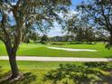 Picturesque view of the lush golf course and pond, framed by mature trees and distant residential buildings at 5405 Fair Oaks St # 5405, Bradenton, FL 34203