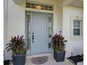Light blue front door with sidelights and potted plants at 2112 Calusa Lakes Blvd, Nokomis, FL 34275