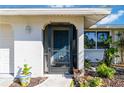 Front entrance with a blue door, screened porch, and potted plants at 1224 Pinebrook Way, Venice, FL 34285