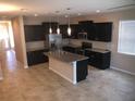 Modern kitchen with dark cabinetry, granite island, and stainless steel appliances at 8620 Ice Wine St, Sarasota, FL 34238