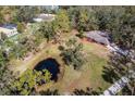 Aerial view showing home, pond, and surrounding trees at 7321 Proctor Rd, Sarasota, FL 34241